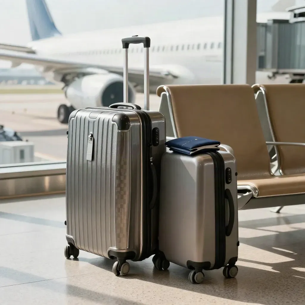 Airport gate bench with luggage, passport sleeve, and taxiing plane wing outside.