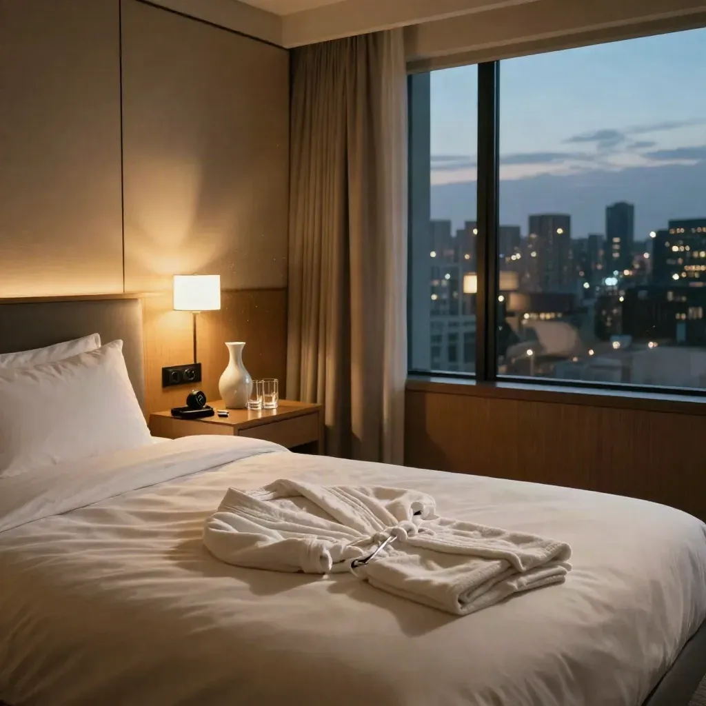 Two made hotel beds, robe, key fob, carafe, and city lights at dusk