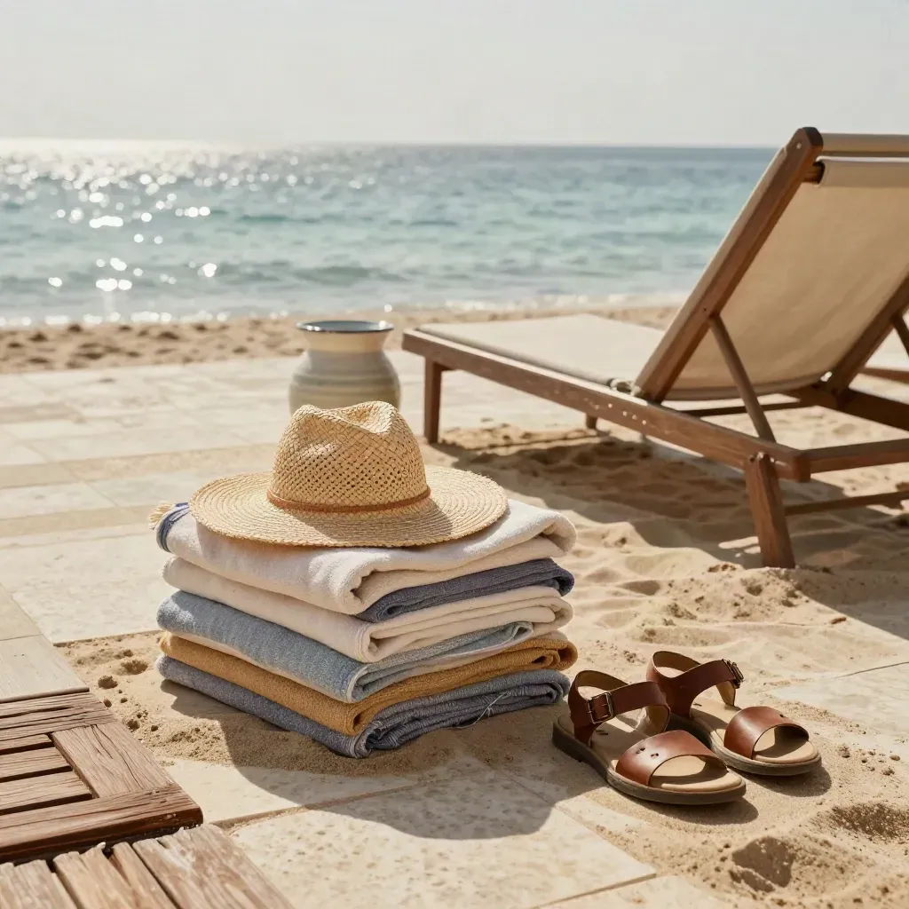 Resort patio with towels, straw hat, sandals, lounge chair, and bright open water.