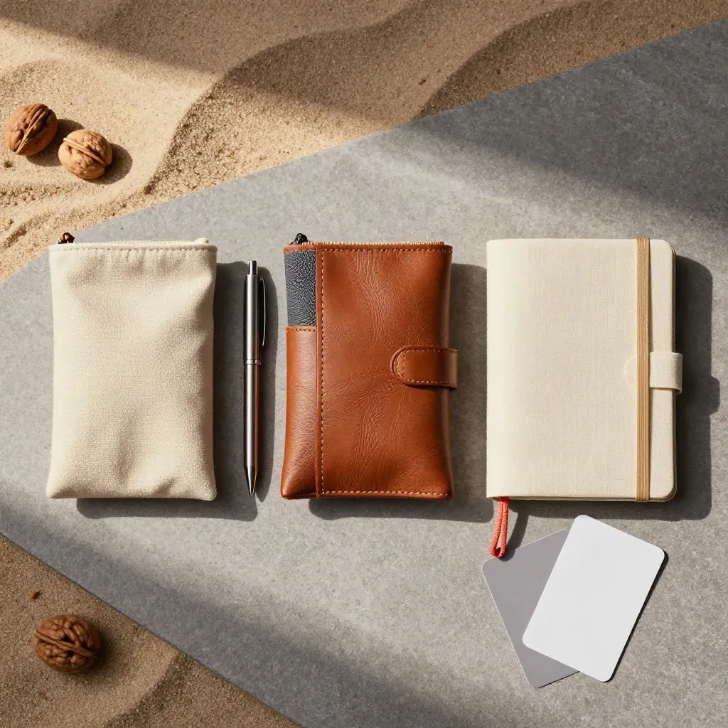 Top-down travel flatlay with pouches, pen, notebook, and rail cards on matte stone.