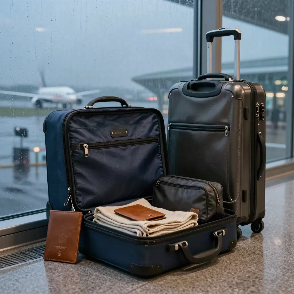 Carry-on luggage by a rain-streaked airport window at blue hour with runway reflections