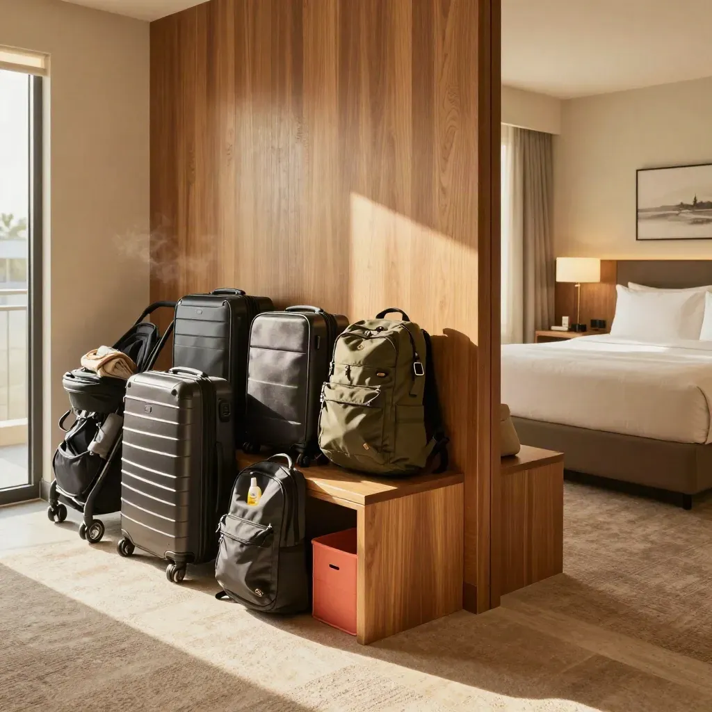 Sunlit family-suite hotel room ready for Orlando with four carry-ons, backpack, sunscreen and folded stroller.