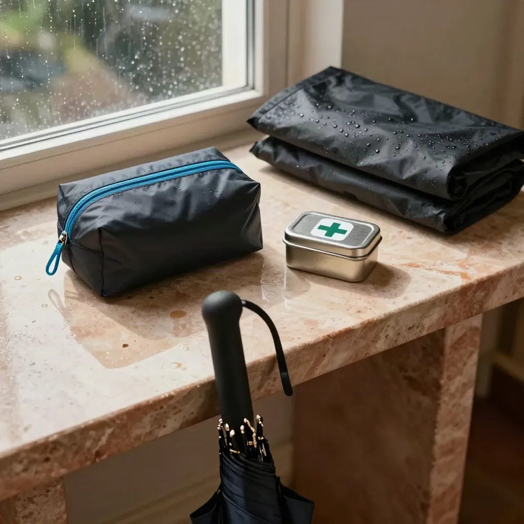 Weatherproof travel kit with umbrella, pouch, first-aid tin and rain shell by a rainy window
