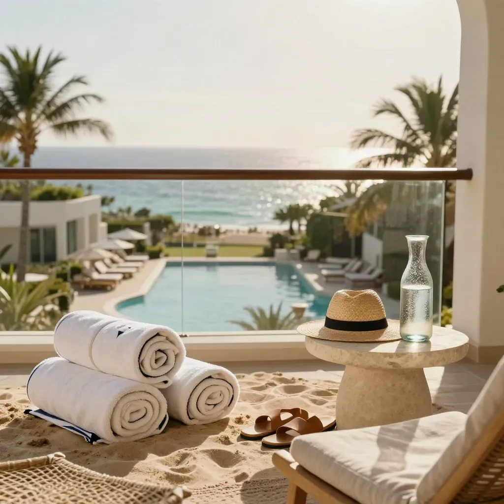 Rolled towels, sunhat, sandals and a chilled carafe on a resort balcony above palms and a pool.