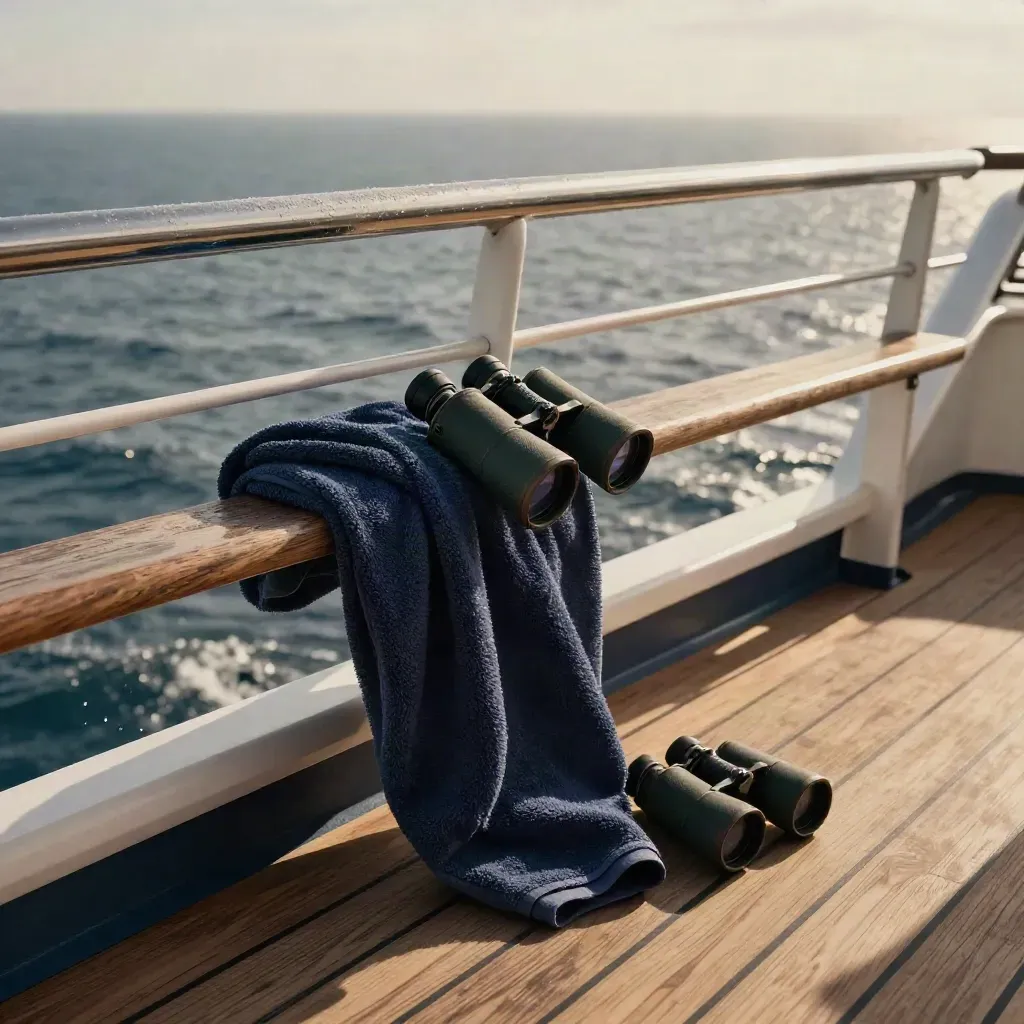 Cruise balcony with towel, binoculars, rope detail, and open sea horizon in dramatic light
