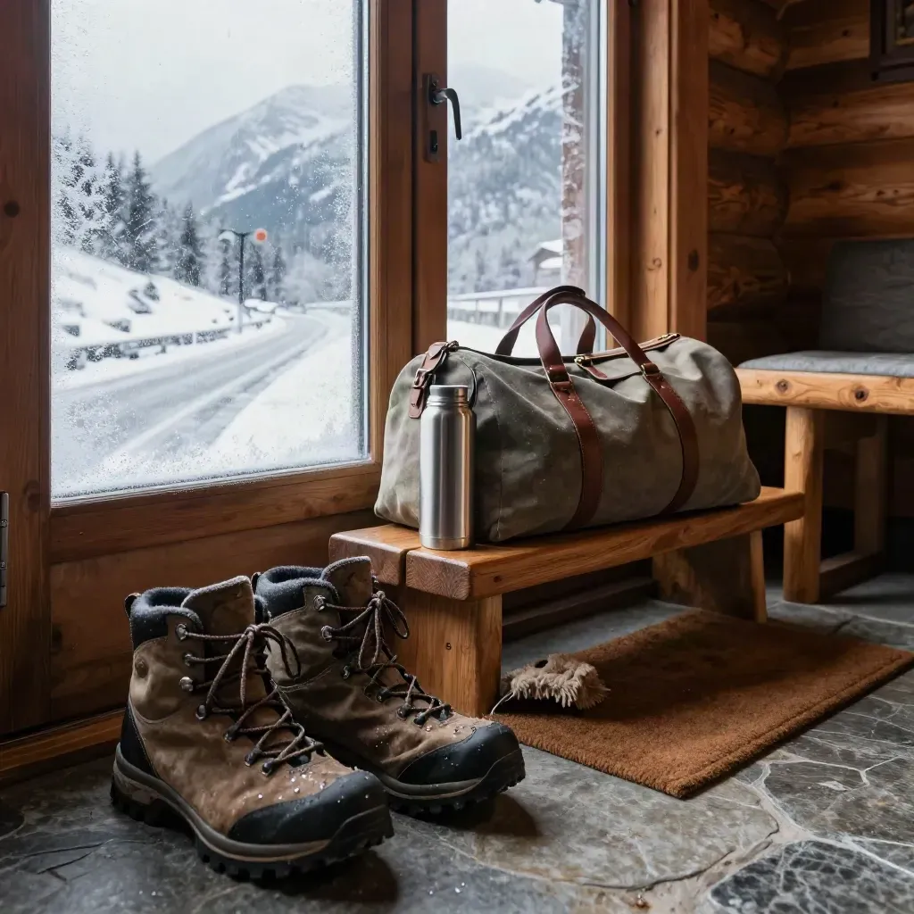 Boots, duffel, thermos, and mountain road view in a timber lodge room.