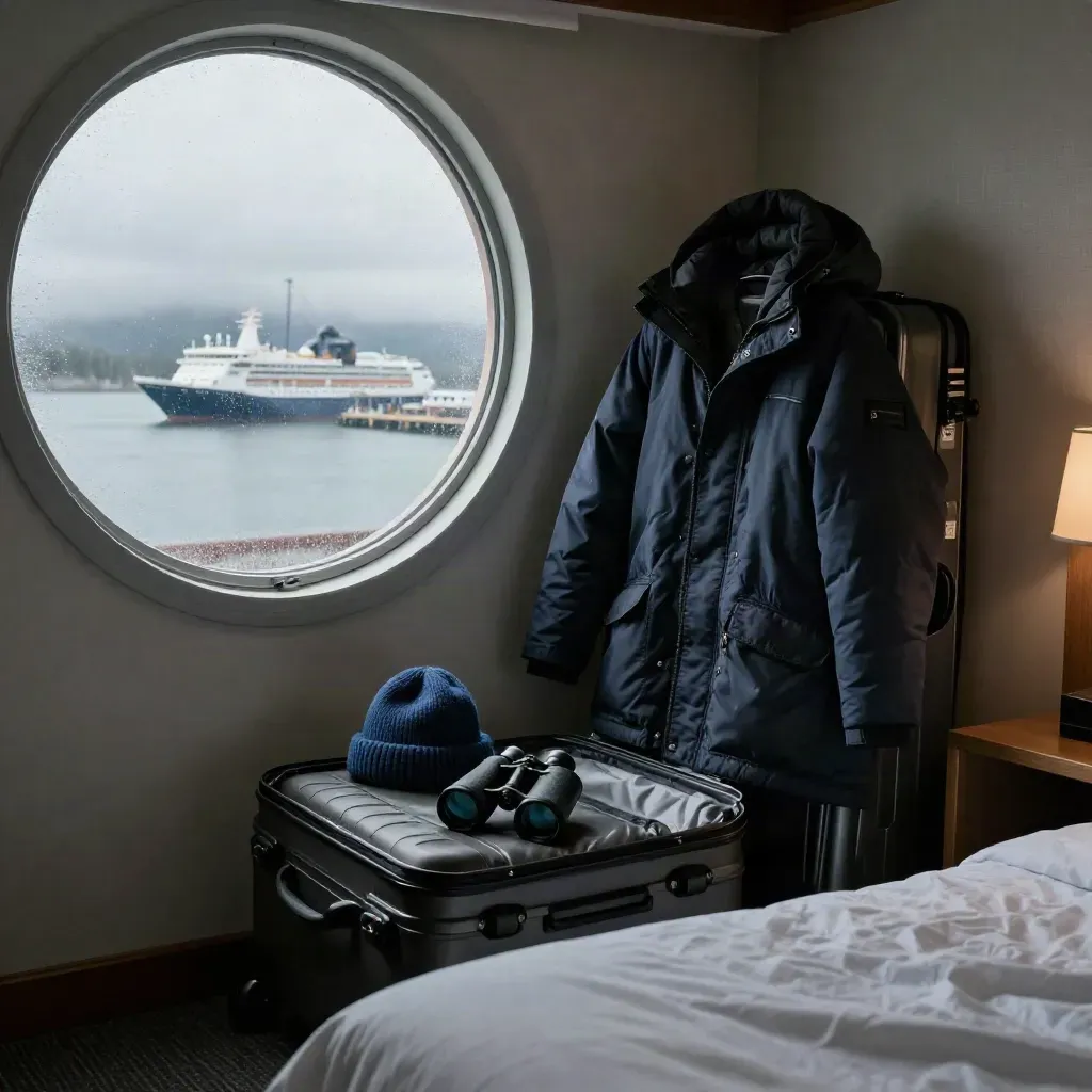 Harbor hotel room with cruise gear by a misty porthole and ship outside