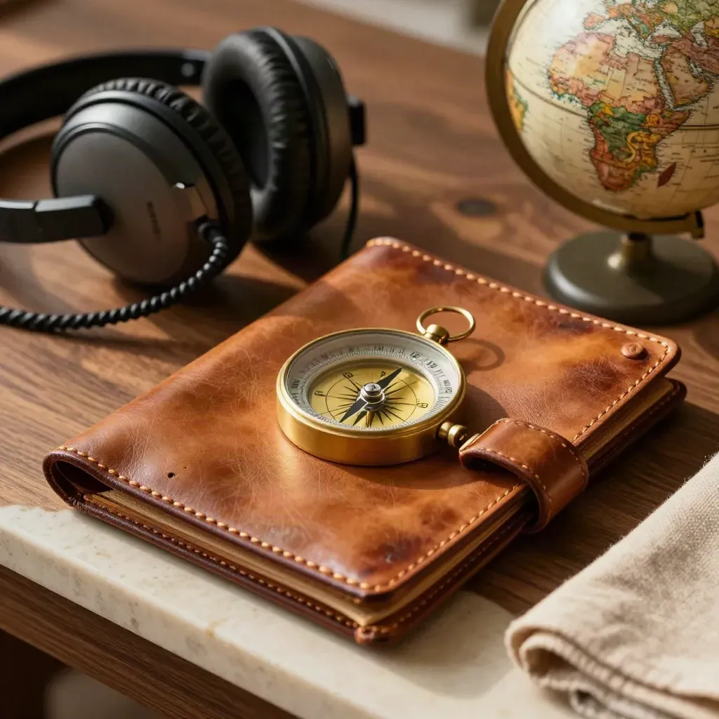 Leather trip folio, brass compass, airline headset and small globe on walnut surface.