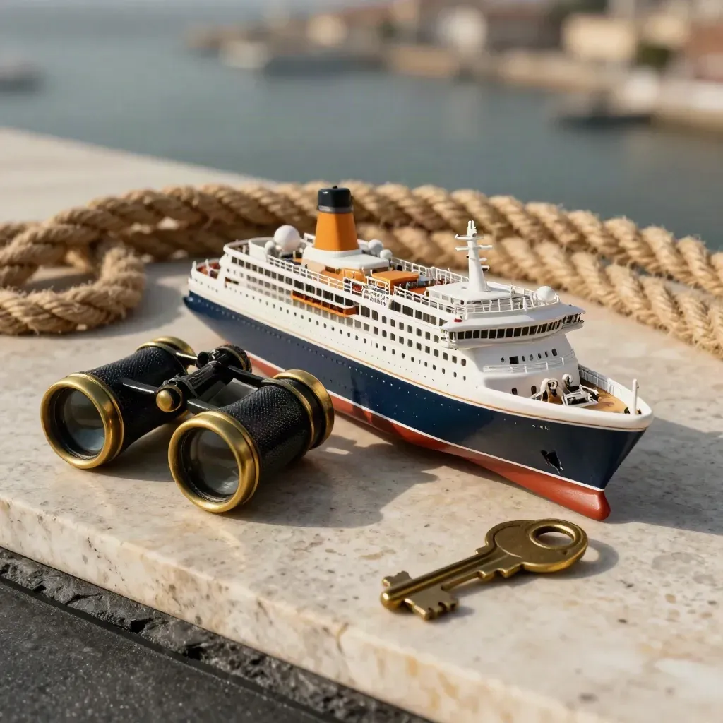 Cruise model, rope, binoculars and brass key tag on stone in dramatic studio light.