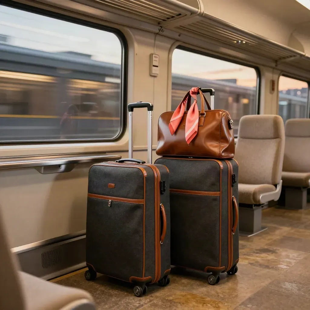 Suitcases, shoe bag and coral scarf in a rail compartment with dusk facades outside.