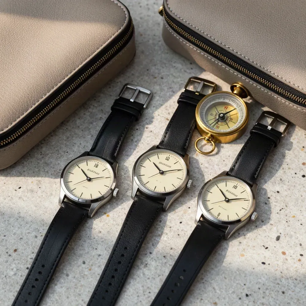 Macro of travel watches, compass, and pouches on travertine with sky-blue stitching.