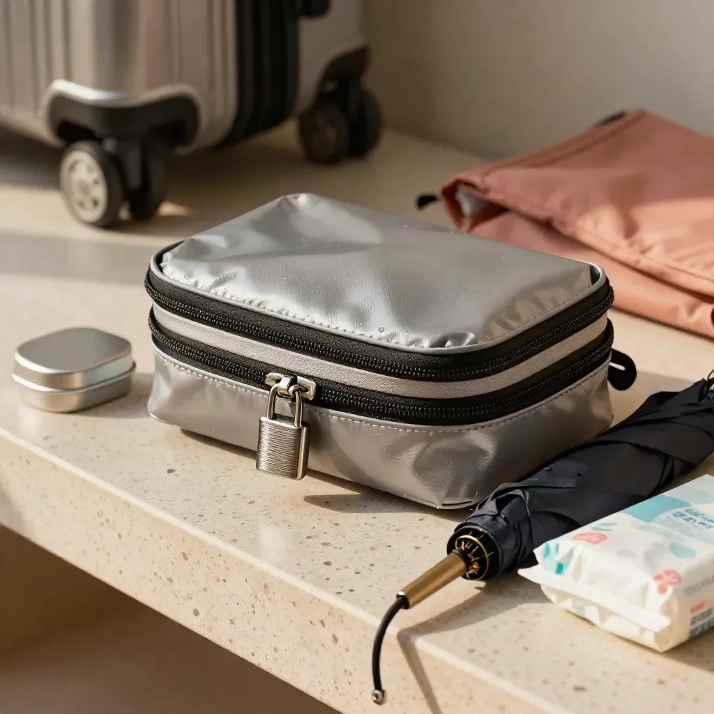 Travel insurance kit with pouch, lock, umbrella tip, medication tin and tissues on travertine.