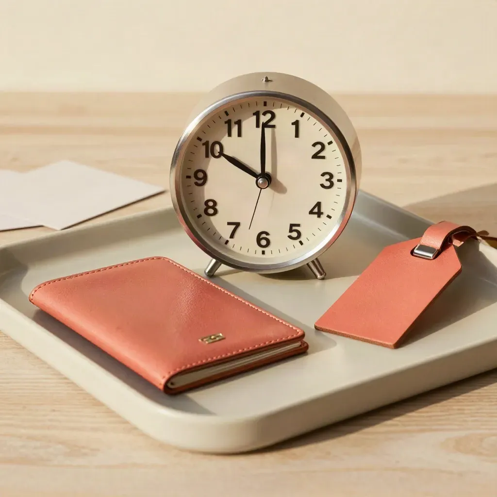 Overhead travel still life with reset clock, passport wallet and suitcase tag on pale wood.