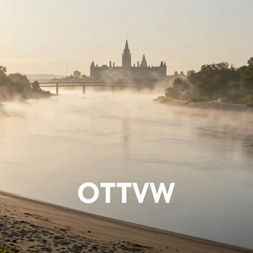 Ottawa River at dawn with Parliament silhouette and bridge in mist
