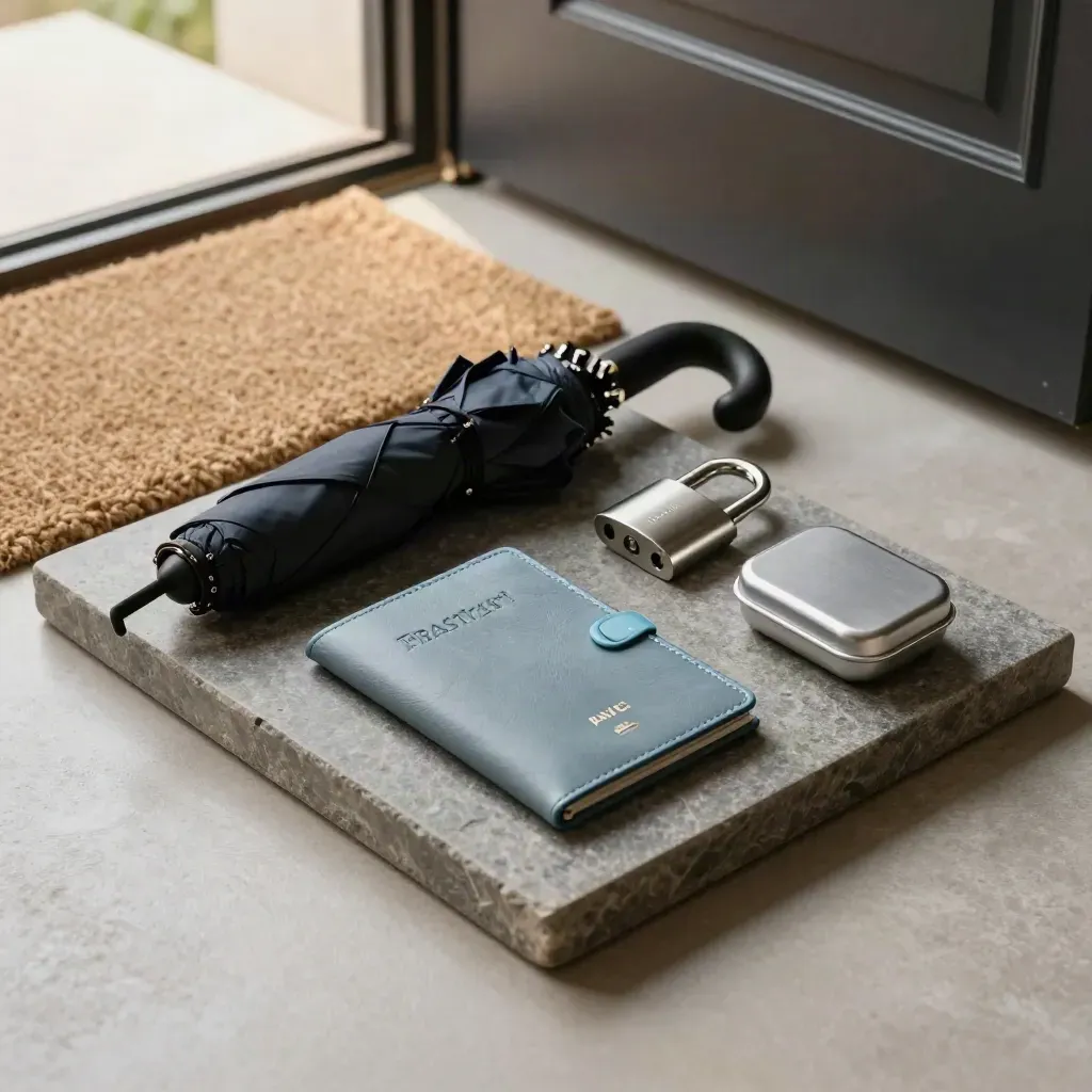 Travel support kit with umbrella, passport wallet, lock, and medical tin on a stone tray.