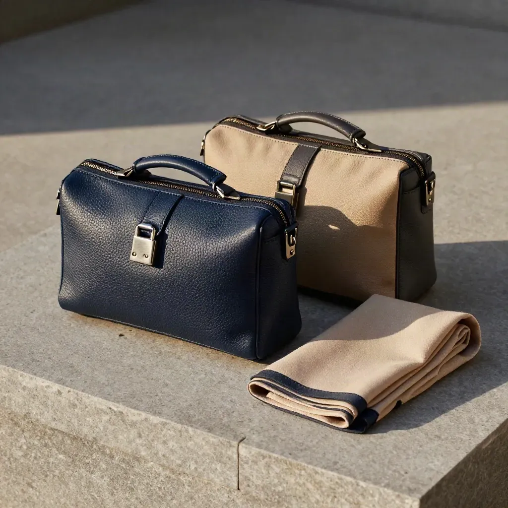 Travel pouches, lock, and scarf arranged on limestone in a clean choice flatlay.