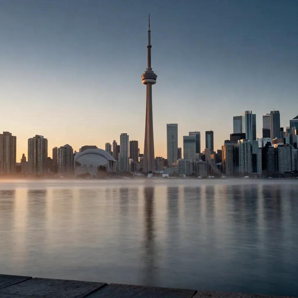 Toronto skyline from the islands at dusk, CN Tower above calm harbour water and misty lake light.