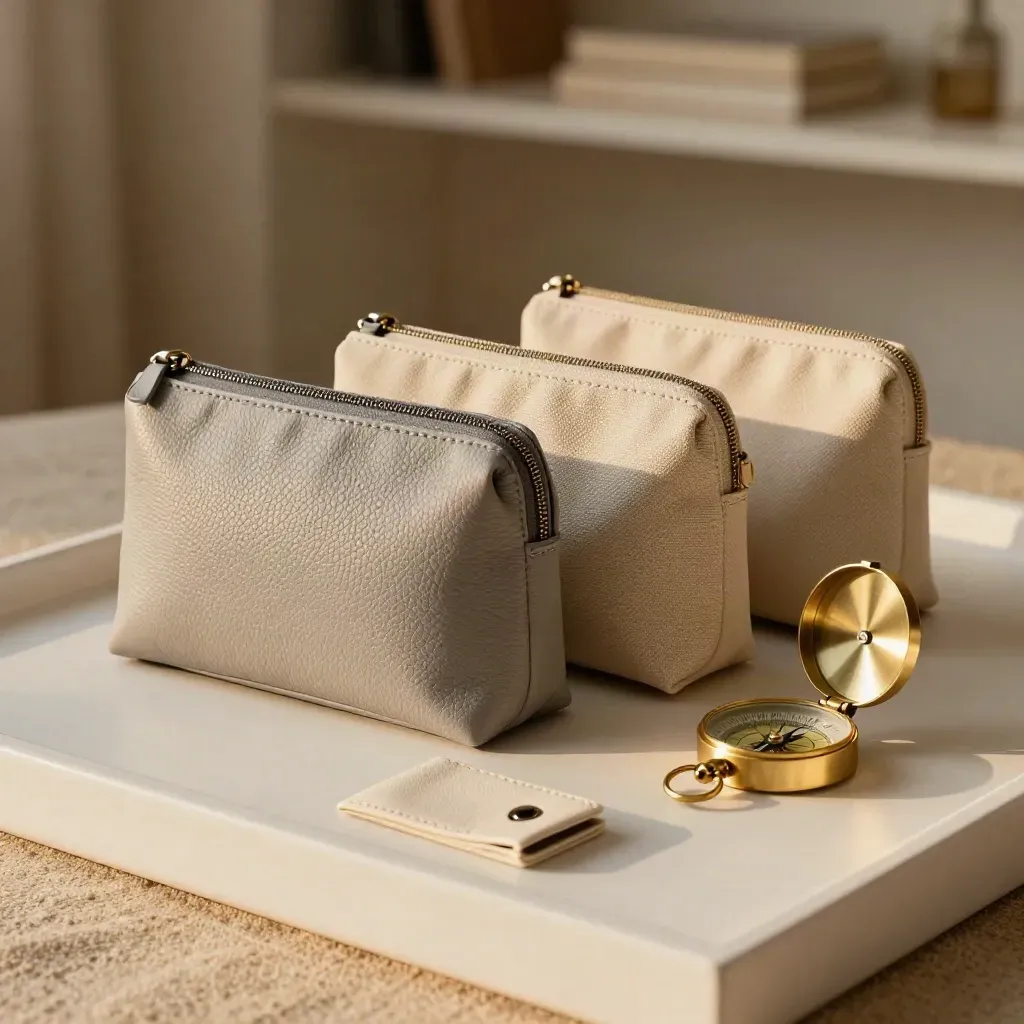 Three travel pouches, a turned room-key sleeve and brass compass on a plaster tray in soft side light.