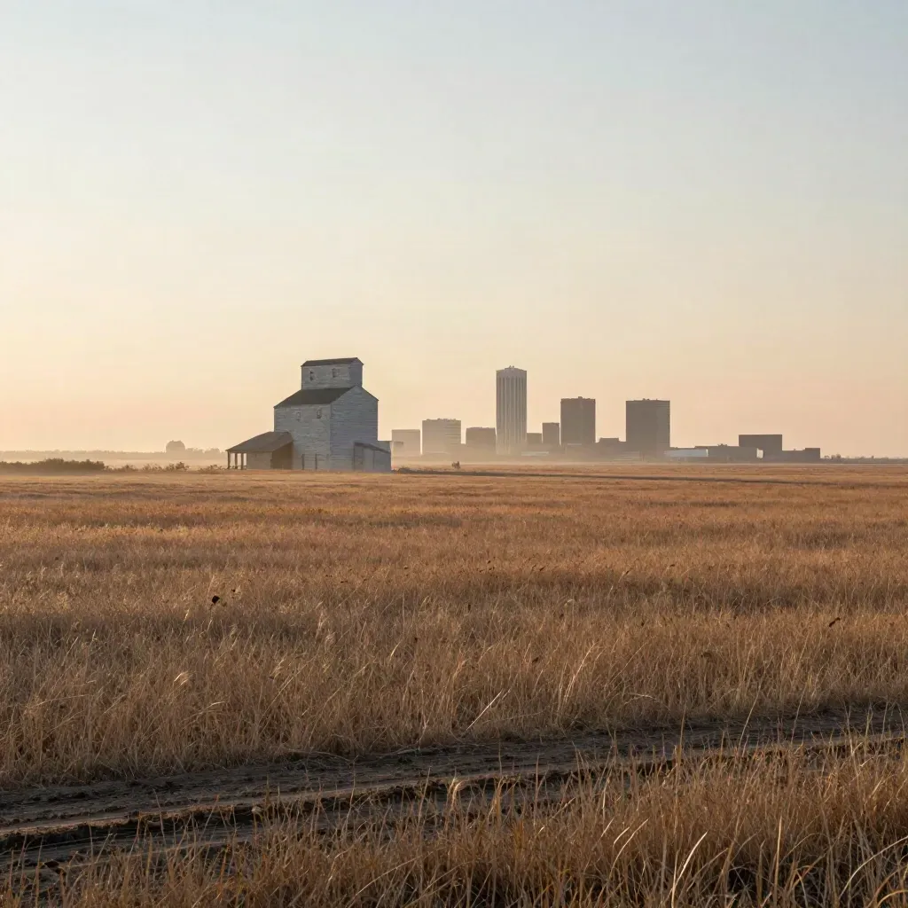 Prairie skyline with grain elevator and distant towers above warm grasses in haze