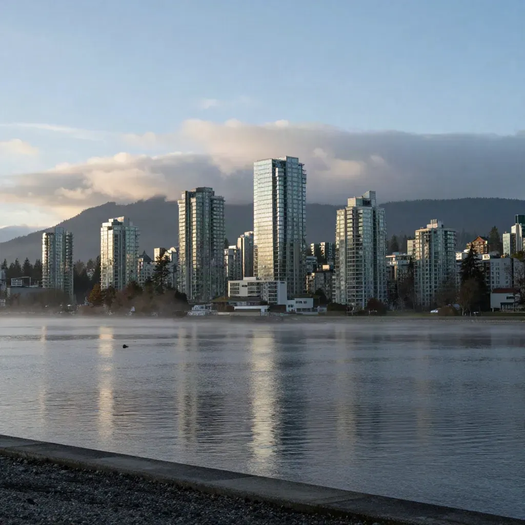 Vancouver skyline and North Shore mountains over a misty seawall at dawn